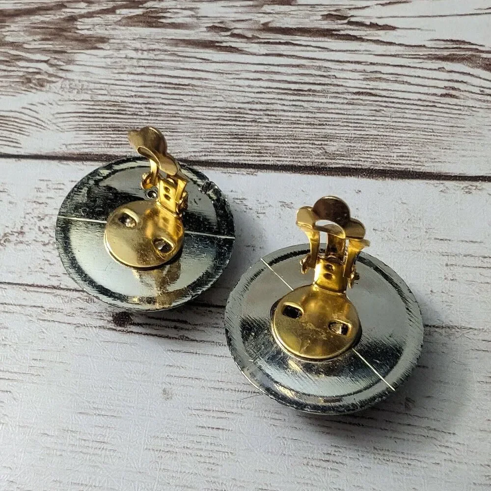 Vintage Clip On Earrings - Domed Patterned Brown with Gold Tone Halo